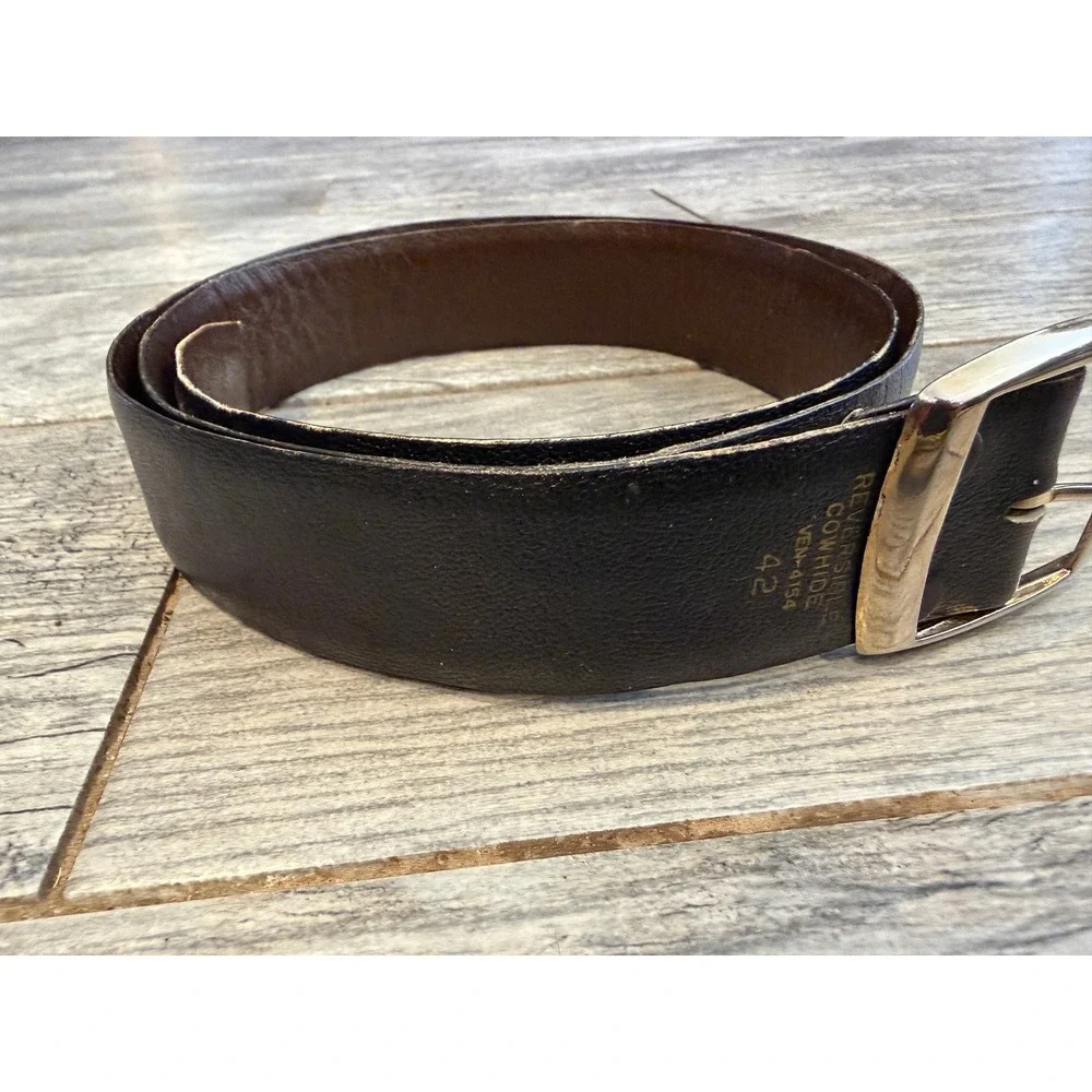 Reversible Belt Mens 42 Black Brown Cowhide Leather Silver Buckle Western 4154